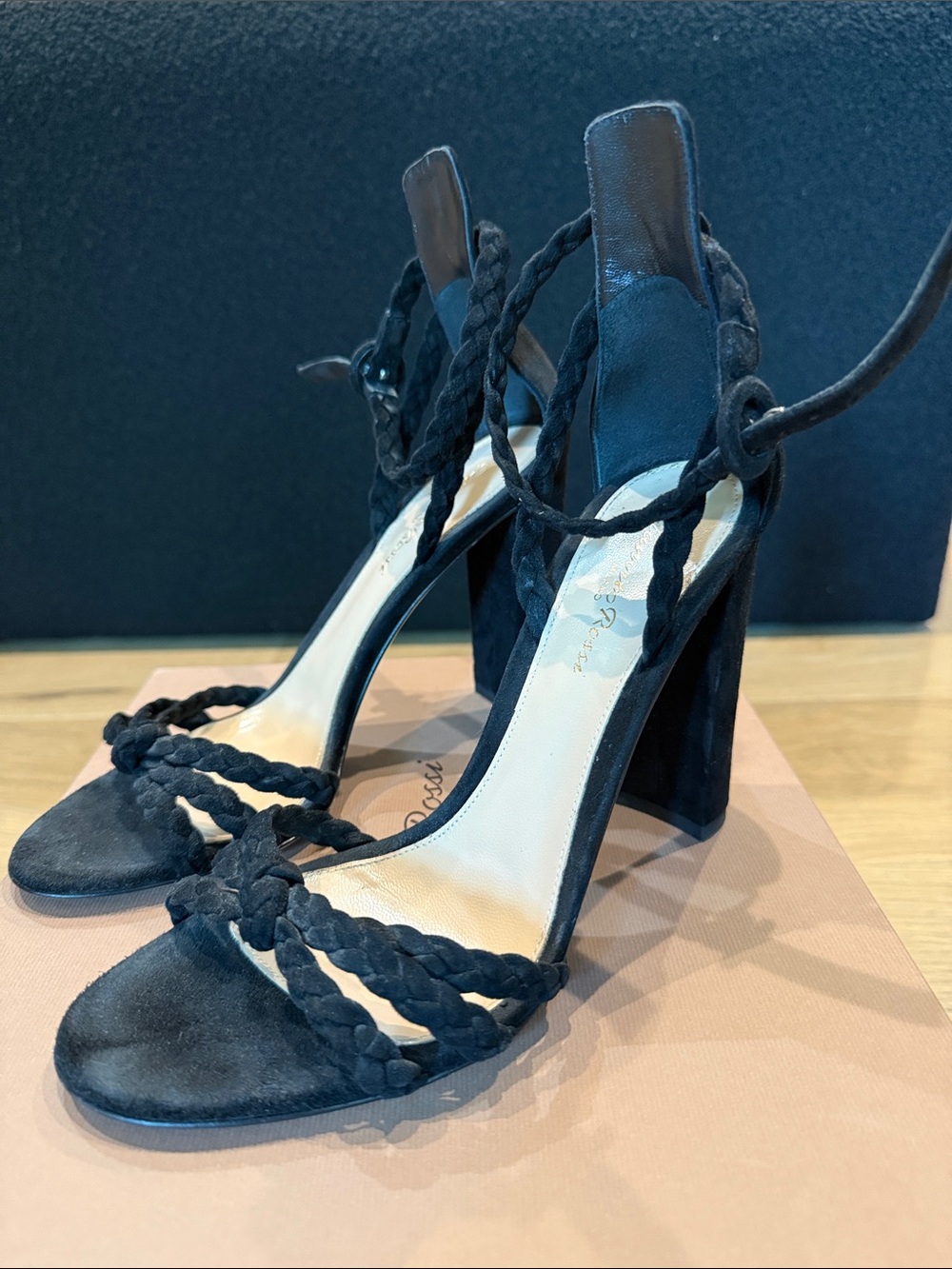 Gianvito Rossi Black Braided Suede Sandals- Size 38.5